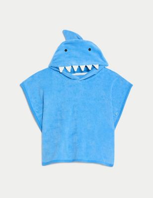M&S Boys Cotton Rich Towelling Shark Poncho (0-3 Yrs) - 0-3 M - Blue Mix, Blue Mix