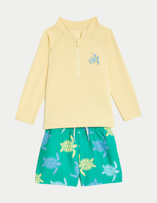 M&S Boys 2pc Turtle Long Sleeve Swim Set (0-3 Yrs) - 0-3 M - Yellow Mix, Yellow Mix