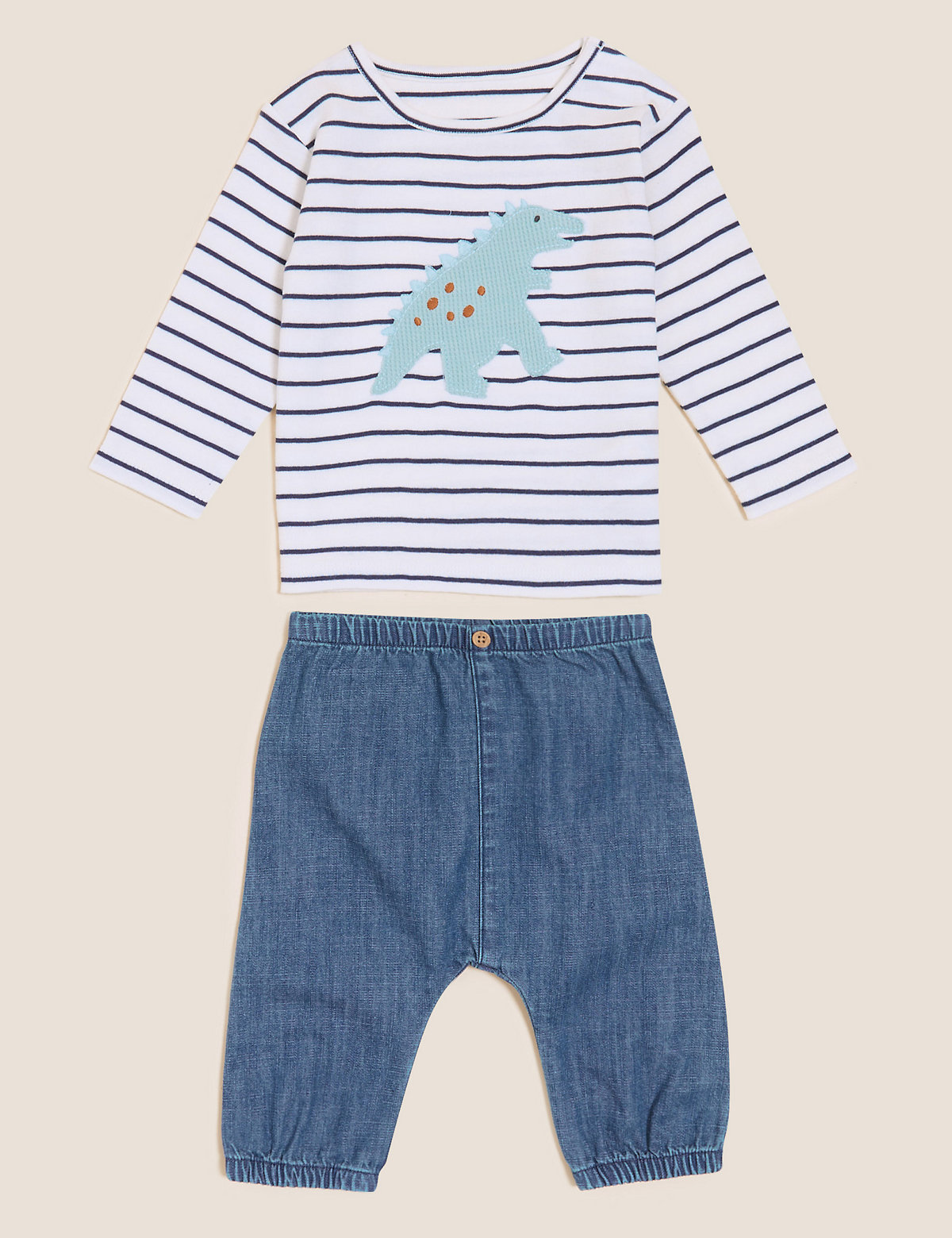 2pc Pure Cotton Striped Dinosaur Outfit (0-3 Yrs)