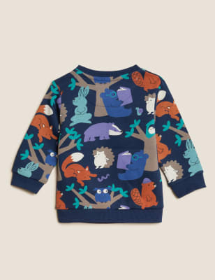 

M&S Collection Sudadera de algodón de animales del bosque (0-3 años) - Navy, Navy