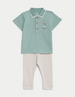 M&S Boys 2pc Cotton Rich Peter Rabbit Outfit (0-3 Yrs) - 0-3 M - Green Mix, Green Mix