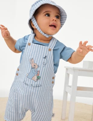 M&S Boy's 3pc Pure Cotton Peter Rabbit Bibshort Outfit (0-3 Yrs) - 3-6 M - Blue Mix, Blue Mix