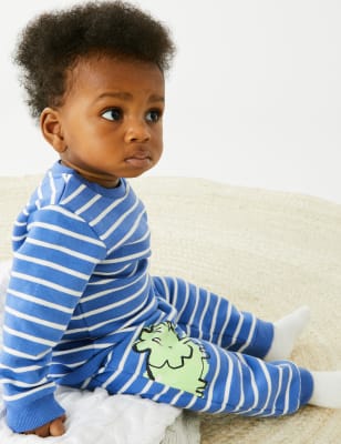 

M&S Collection Pantalón deportivo de rayas de algodón con diseño de dinosaurio (0-3 años) - Blue, Blue