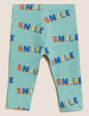 

M&S Collection Leggings mit hohem Baumwollanteil und Schriftzug „Smile“ (0-3 J.) - Sage, Sage