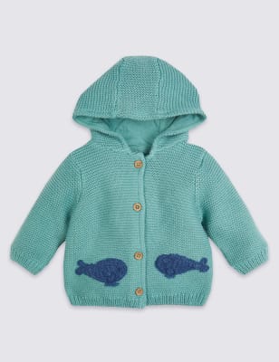 Gilet en maille 100&nbsp;% coton &agrave; capuche et motif baleine