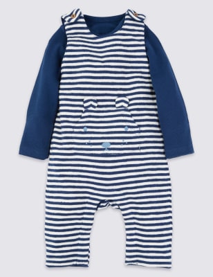 Ensemble 2&nbsp;pi&egrave;ces en coton avec salopette &agrave; rayures