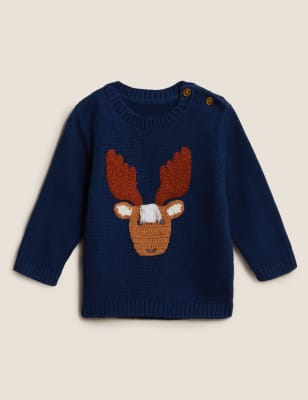 

Boys M&S Collection Pure Cotton Stag Knitted Jumper (0-3 Yrs) - Indigo Mix, Indigo Mix