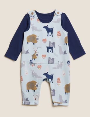 

M&S Collection 2-teiliges Latzhosen-Outfit mit hohem Baumwollanteil und Tiermuster (0-3 Jahre) - Blue Mix, Blue Mix
