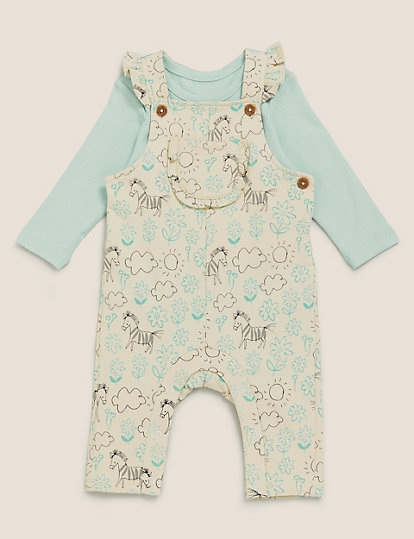 2pc Cotton Floral Zebra Dungaree Outfit (0-3 Yrs)