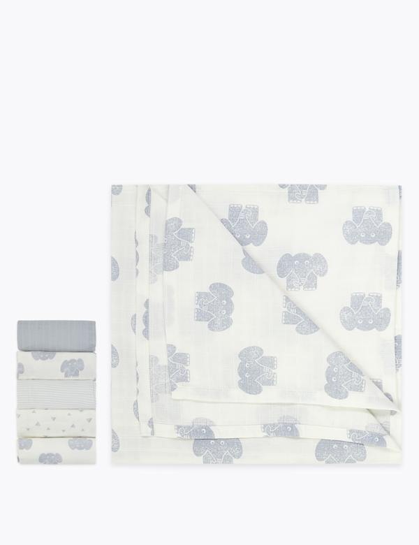 5 Pack Elephant Print Muslins