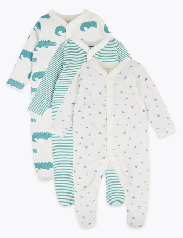 3 Pack Organic Cotton Patterned Sleepsuits (5lbs-3 Yrs)