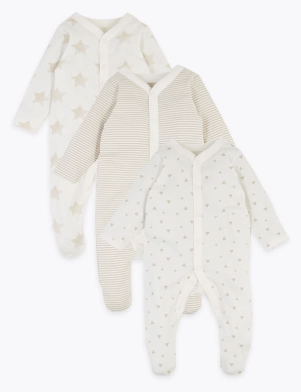 3 Pack Organic Cotton Patterned Sleepsuits (5lbs-3 Yrs)
