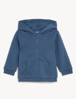 M&S Cotton Rich Zip Hoodie (0-3 Yrs) - 0-3 M - Dark Blue, Dark Blue,Grey Marl,Navy