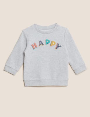 

M&S Collection Sweatshirt mit hohem Baumwollanteil und Schriftzug „Happy“ (0-3 J.) - Grey, Grey