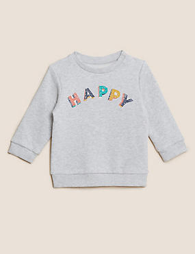 Sweatshirt mit hohem Baumwollanteil und Schriftzug „Happy“ (0–3 J.)