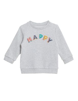 M&S Boys Cotton Rich Happy Slogan Sweatshirt (0-3 Yrs)