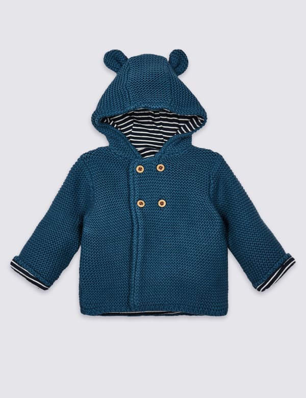 Pure Cotton Hooded Chunky Knit Cardigan (7lbs-3 Yrs)