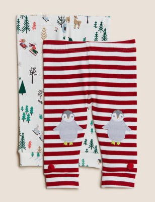 

M&S Collection 2er-Pack gemusterte Leggings mit hohem Baumwollanteil (0-3 J.) - Red Mix, Red Mix