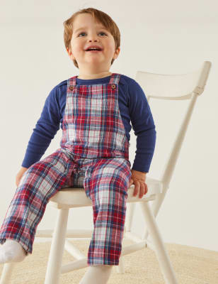 

M&S Collection Conjunto de 2 piezas 100% algodón con peto de cuadros (0-3 años) - Navy/Red, Navy/Red