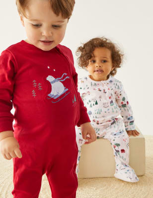 

M&S Collection Pack de 2 pijamas 100 % algodón con estampado invernal (0-3 años) - Red Mix, Red Mix