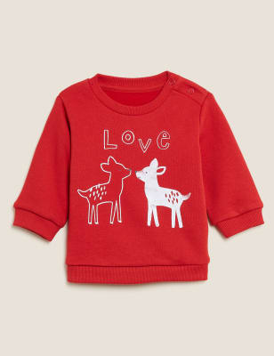 

M&S Collection Sweatshirt mit hohem Baumwollanteil, Schriftzug „Love“ und Rehmuster (0-3 J.) - Red Mix, Red Mix