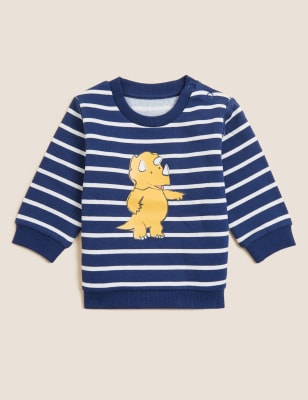 

M&S Collection Sudadera de algodón de dinosaurios y rayas (0-3 años) - Navy, Navy