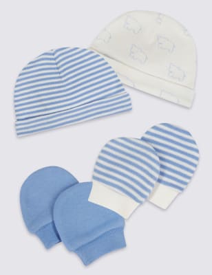 Ensemble 4&nbsp;pi&egrave;ces 100&nbsp;% coton avec bonnet et moufles pour pr&eacute;matur&eacute;s, facile &agrave; enfiler