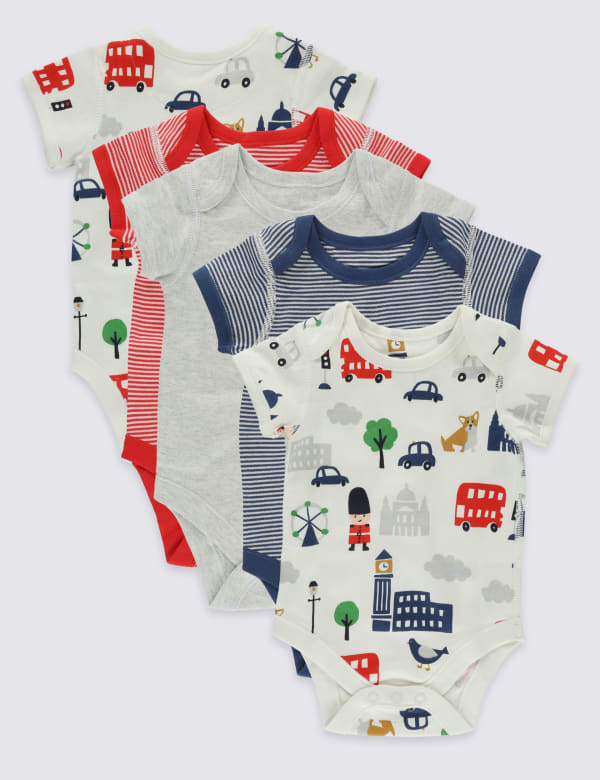 5 Pack Pure Cotton London Print Bodysuits (6½lbs-3 Yrs)