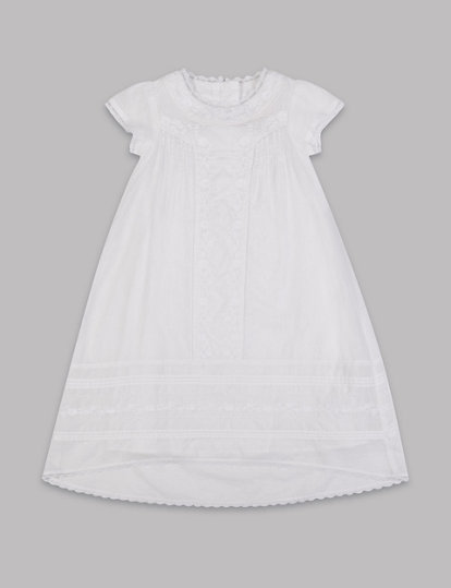 M&S Collection Pure Cotton Embroidered Christening Baby Dress (0-12 Mths) - 3-6 M - White, White
