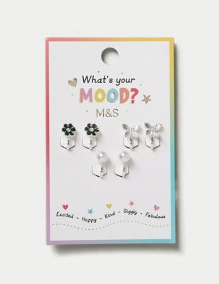 M&S Girl's 3 Pack Mood Clip-On Silver Effect Earrings, Silver