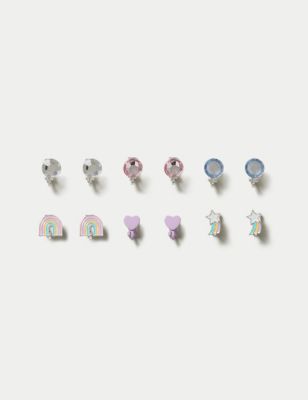 M&S Girl's 6 Pack Clip On Earrings - Pastel Mix, Pastel Mix