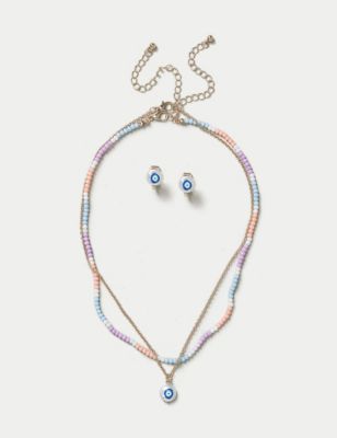 M&S Girl's Evil Eye Necklace and Earrings Set - Pastel Mix, Pastel Mix