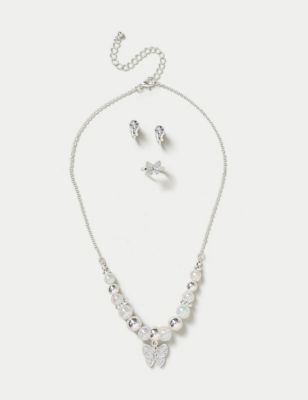M&S Girls Butterfly Beaded Necklace Multipack Set - Silver, Silver