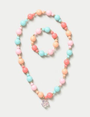 M&S Girl's Pastel Multi Bead Necklace and Bracelet Set, Multi