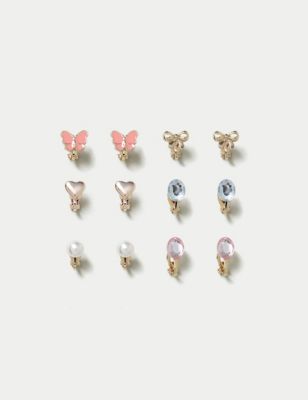 M&S Girl's 6 Pack Butterfly and Bow Clip On Earrings - Multi, Multi