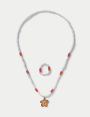 M&S Girl's Beaded Flower Necklace and Wristwear - White, White