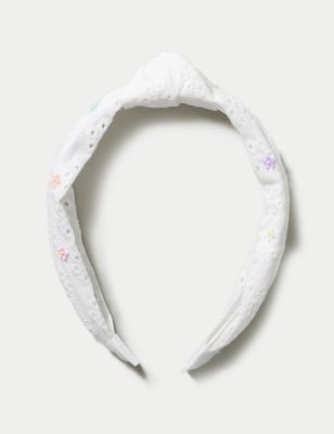 M&S Girls White Knot Floral Headband, White