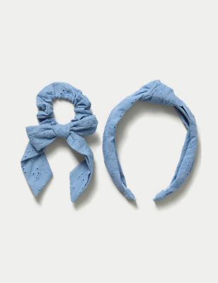 M&S Back To School Broderie Alice Band & Scrunchie Pack - Pale Blue, Pale Blue,Navy,Red