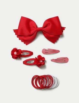 M&S Back To School Clip And Bow Pack - Red, Red,Pale Blue,Navy