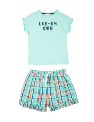 

M&S Collection Kurzes Schlafanzugset aus reiner Baumwolle mit Schriftzug (1-16 J.) - Aqua Mix, Aqua Mix