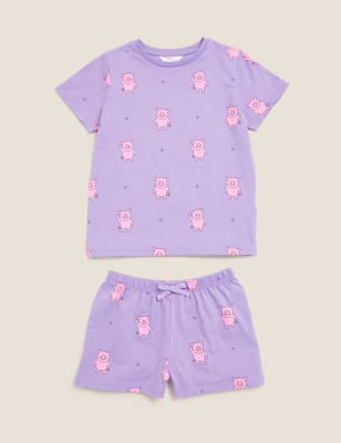 M&S Girls Pure Cotton Percy Pig  Short Pyjamas (3-16 Yrs)