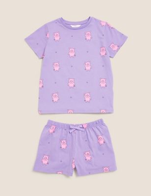 M&S Girls Pure Cotton Percy Pig  Short Pyjamas (3-16 Yrs)