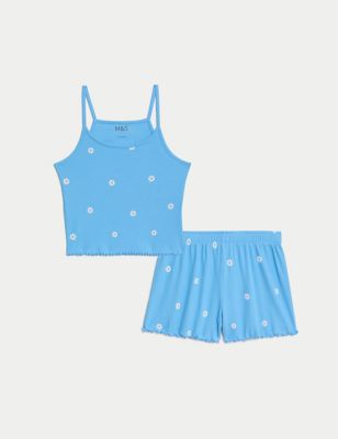 M&S Girls Cotton Rich Floral Ribbed Pyjamas (6-16 Yrs) - 6-7 Y - Blue Mix, Blue Mix