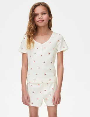 M&S Girls Pure Cotton Floral Pyjamas (6-16 Yrs) - 15-16 - White/White, White/White