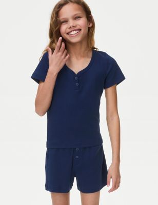 M&S Girl's Cotton Rich Ribbed Pyjamas (6-16 Yrs) - 6-7 Y - Navy, Navy