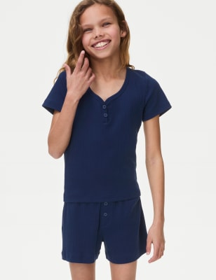 M&S Girls Cotton Rich Ribbed Pyjamas (6-16 Yrs) - 6-7 Y - Navy, Navy