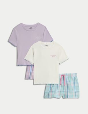 M&S Girls 2pk Cotton Rich Check Pyjama Sets (6-16 Yrs) - 11-12 - Lilac Mix, Lilac Mix