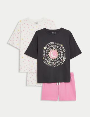 M&S Girl's 2pk Pure Cotton Celestial Pyjama Sets (6-16 Yrs) - 7-8 Y - Black Mix, Black Mix