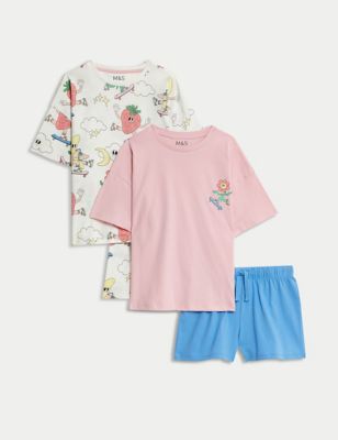 M&S Girls 2pk Pure Cotton Skate Shortie Pyjama Sets (6-16 Yrs) - 14-15 - Pink, Pink