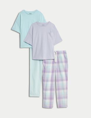 2pk Pure Cotton Striped & Checked Pyjama Sets (6-16 Yrs)